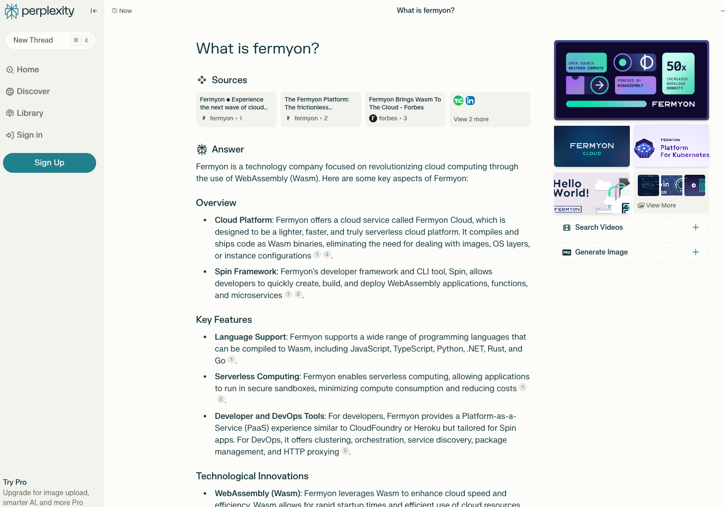 Perplixity output for the question What is Fermyon?