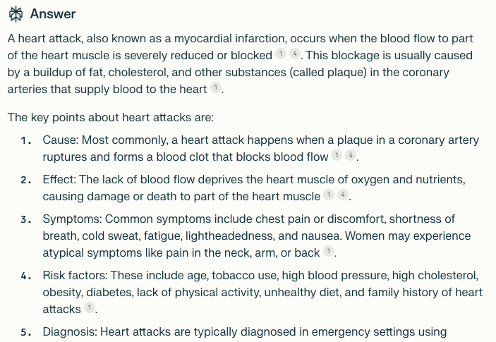 Screenshot showing Perplexity’s answer to “What is a heart attack?”